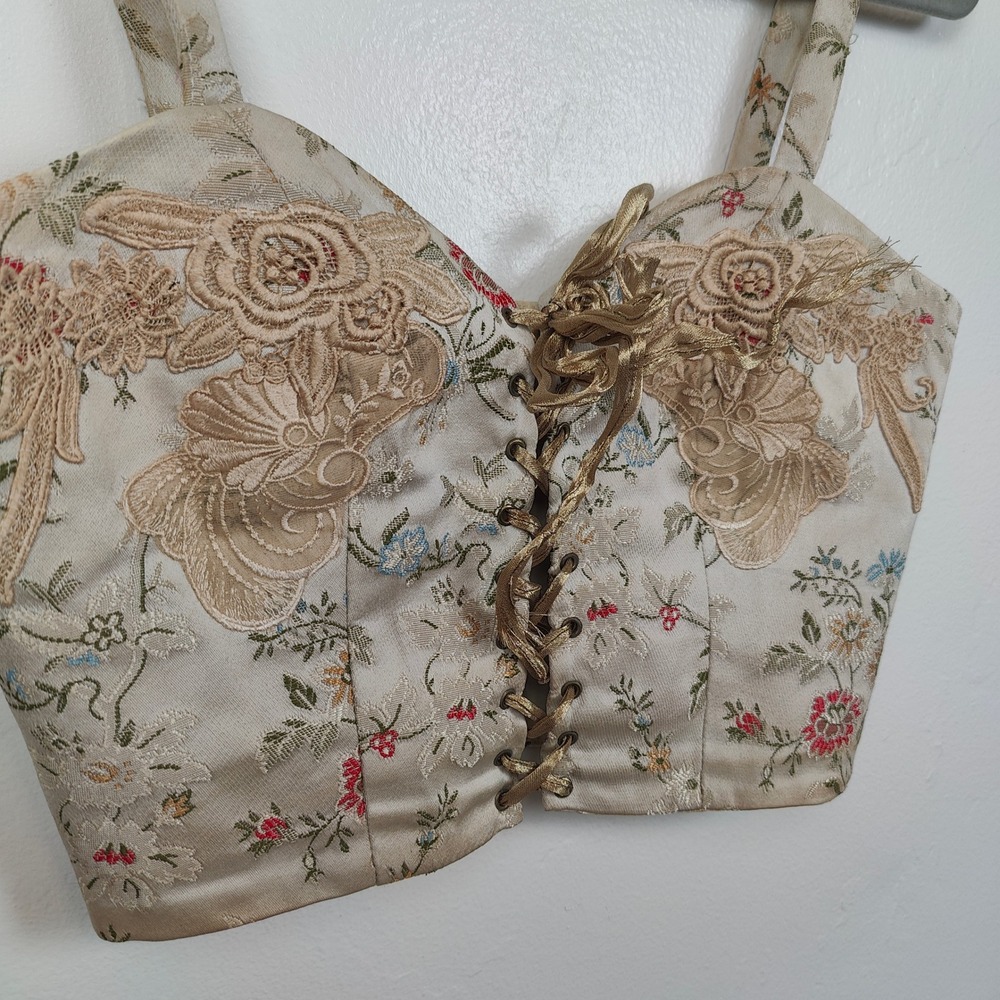 Vintage 90s Linda Harris Corset Top Womens Small Floral Tapestry Lace-up Fairy - Picture 3 of 10